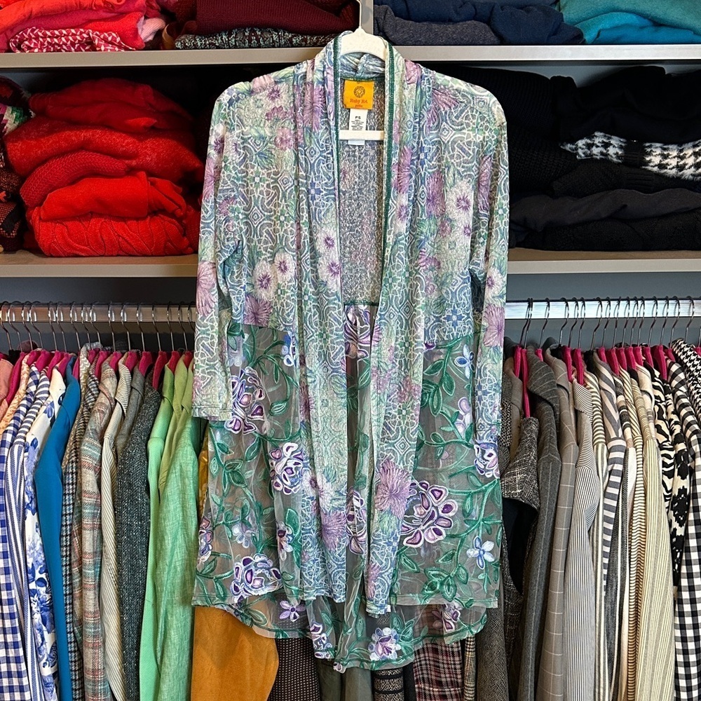 Ruby Rd. Green/purple floral 3/4 sleeve open front kimono size SP